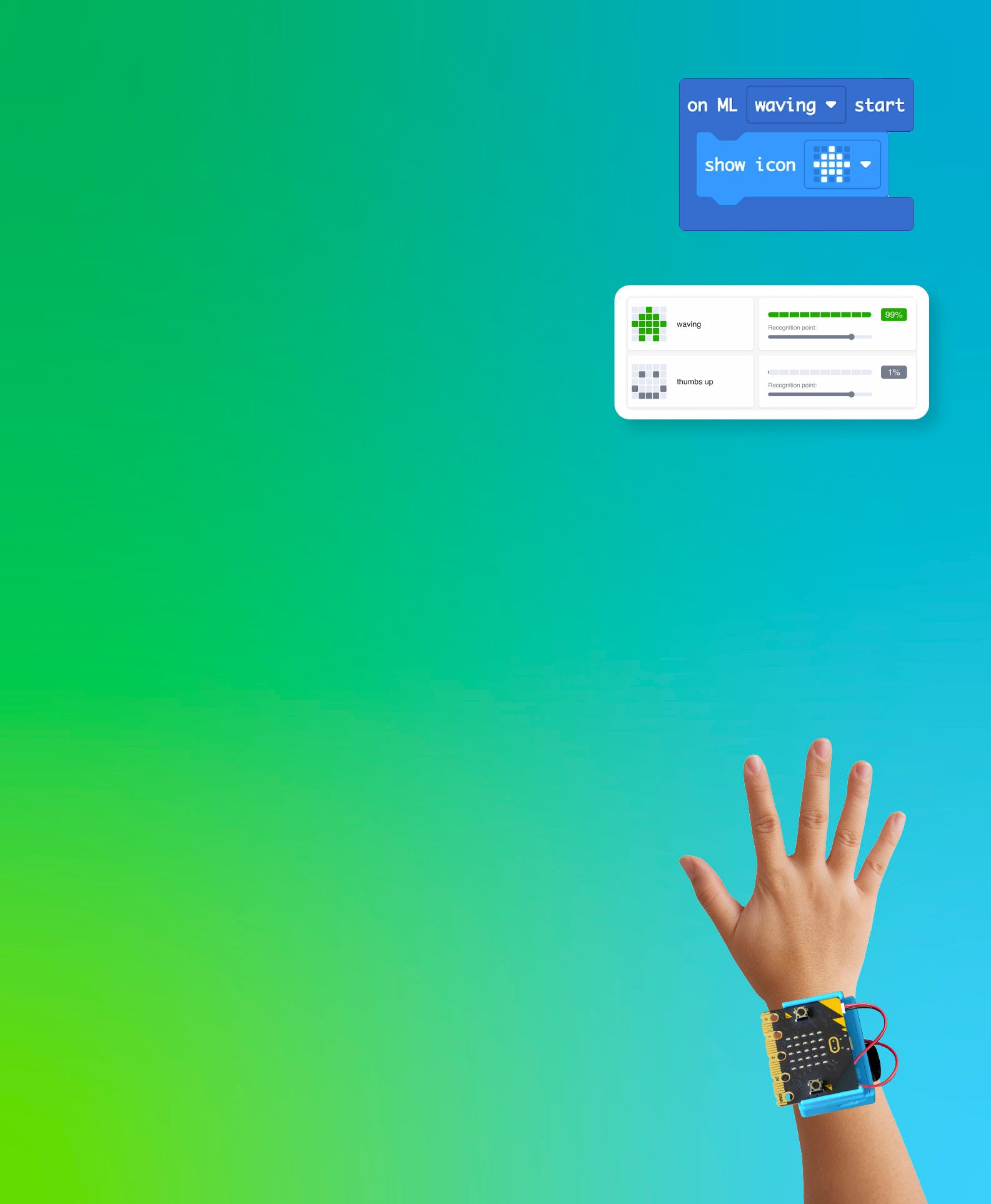 Wearable microcontroller with hand gesture recognition displaying coding blocks and progress bars | Forward Education