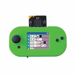 Green controller case with micro:bit board, joystick, and visual coding blocks displayed | Forward Education