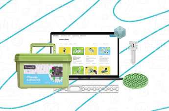 Climate Action Kit with green carry case, micro:bit components, and lesson library dashboard display | Forward Education