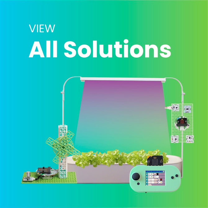 Hydroponic growing kit with control panel, LED grow light, and circuit boards on gradient background | Forward Education