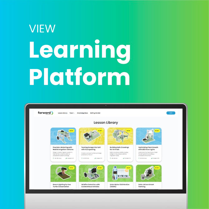 Learning platform interface displaying STEM lesson library with eight robotics projects | Forward Education