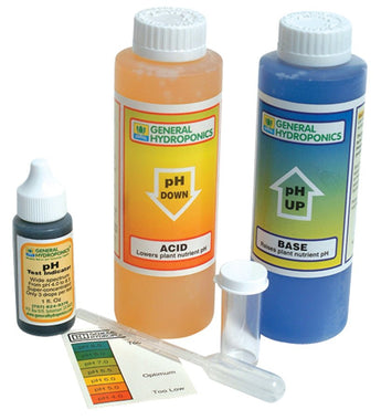 PH control kit with acid and base solutions, test strips, and indicator chart for hydroponics | Forward Education