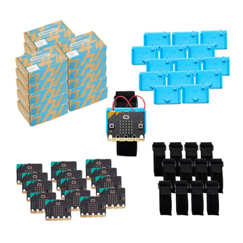 Starter bundle with micro:bit boards, blue battery cases, black wrist straps, and cardboard packaging | Forward Education