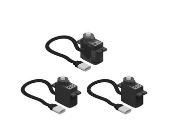 Three black servo motors with white connectors and attached black cables | Forward Education