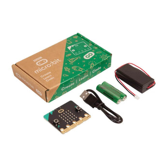 Micro:bit starter kit with circuit board, batteries, case, and USB cable on white background | Forward Education