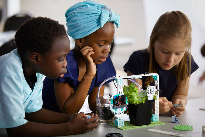 Three students examining Smart Farming Climate Action Kit with microcontroller and plant sensor | Forward Education
