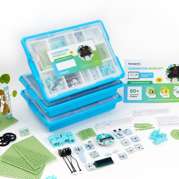 Coding for Good Kit with blue storage case, circuit components, and educational materials displayed | Forward Education