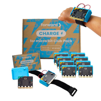 Micro:bit Club Pack with 10 boards in blue battery cases and wearable band holder | Forward Education