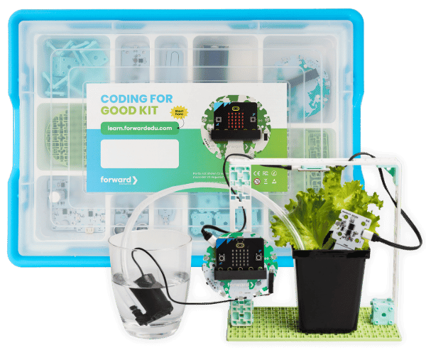 Coding kit with micro:bit boards, water sensor, plant pot, and components in blue storage case | Forward Education
