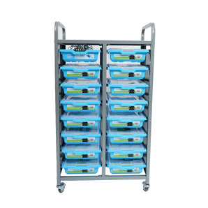 Mobile storage cart with 18 blue compartment trays for robotics and STEM kits | Forward Education