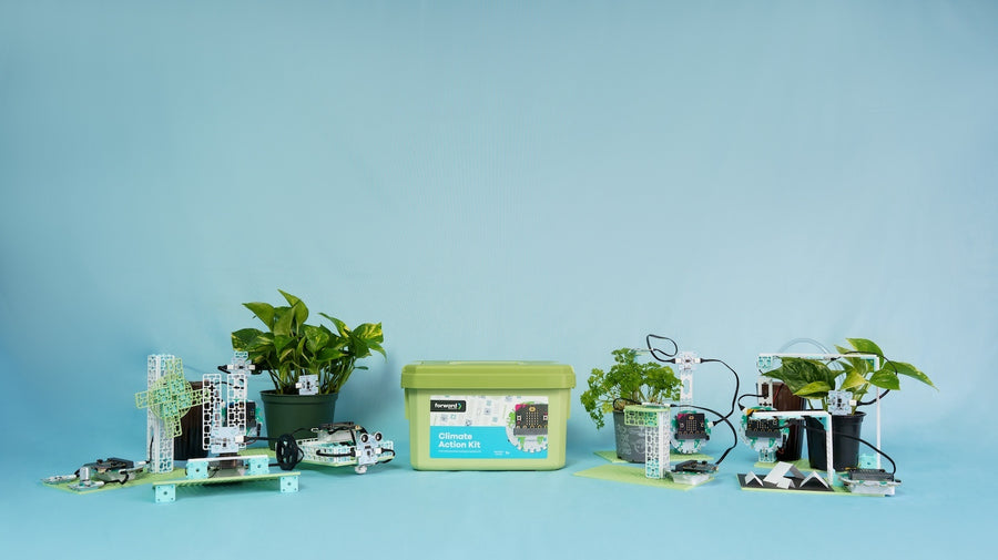 Various Climate Action Kit projects in front of a blue background