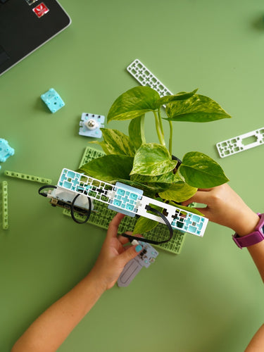 Student holding plant with wearable circuit board and coding components on green desk | Forward Education