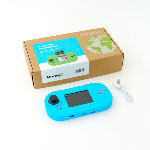 Turquoise handheld device with screen, joystick, buttons, and USB cable in cardboard packaging | Forward Education
