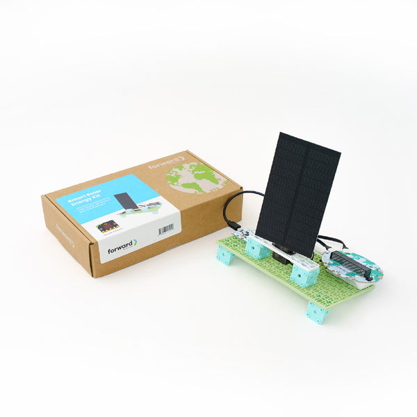 Solar energy kit with green baseplate, small solar panel, and blue mounting blocks | Forward Education