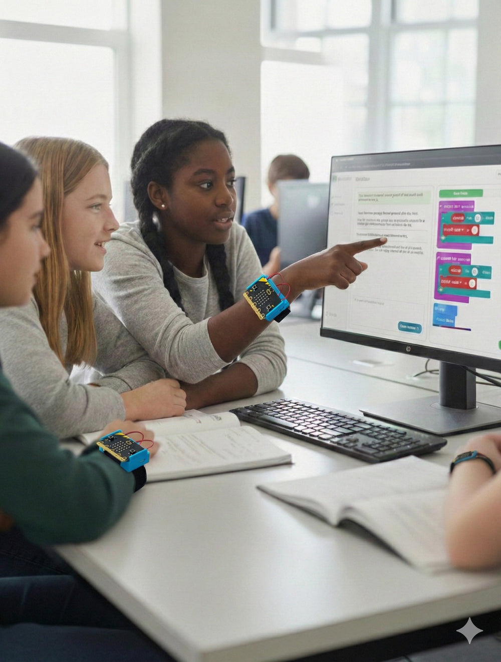 Students collaborating on computer while wearing colorful microcontroller wearables and viewing code | Forward Education