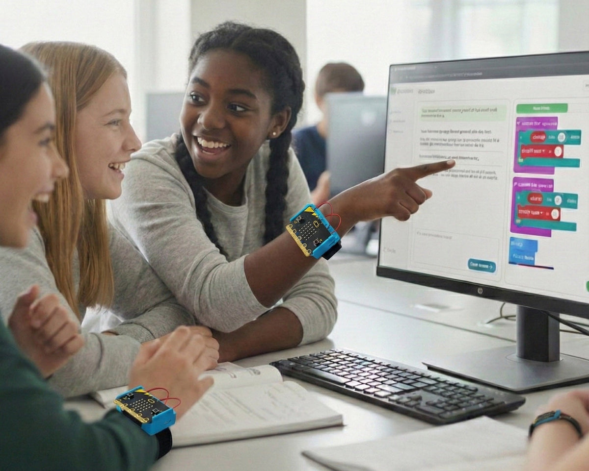Students wearing blue microcontroller devices point at coding interface on monitor | Forward Education