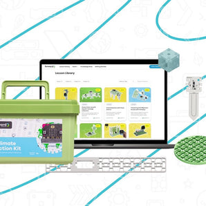 Climate Action Kit with green carry case, micro:bit components, and lesson library dashboard display | Forward Education