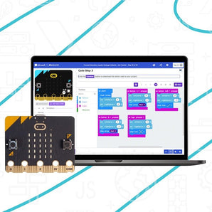 Micro:bit board displayed with laptop showing block-based coding interface and LED animation program | Forward Education