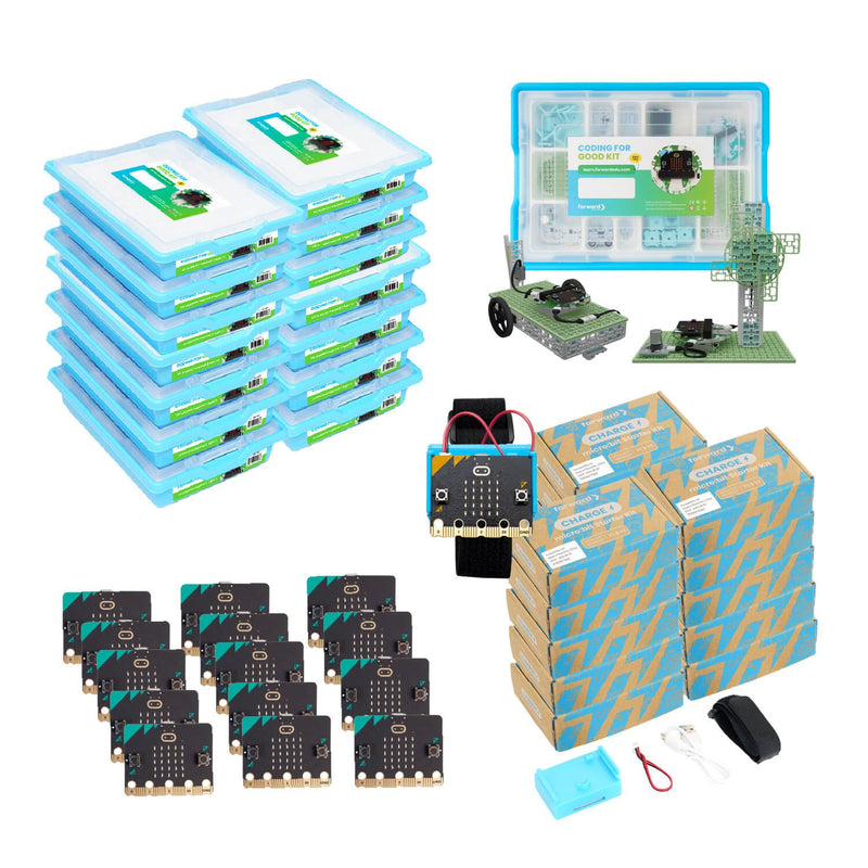 Ultimate STEM bundle with micro:bits, storage cases, robotics kits, and educational components stacked | Forward Education