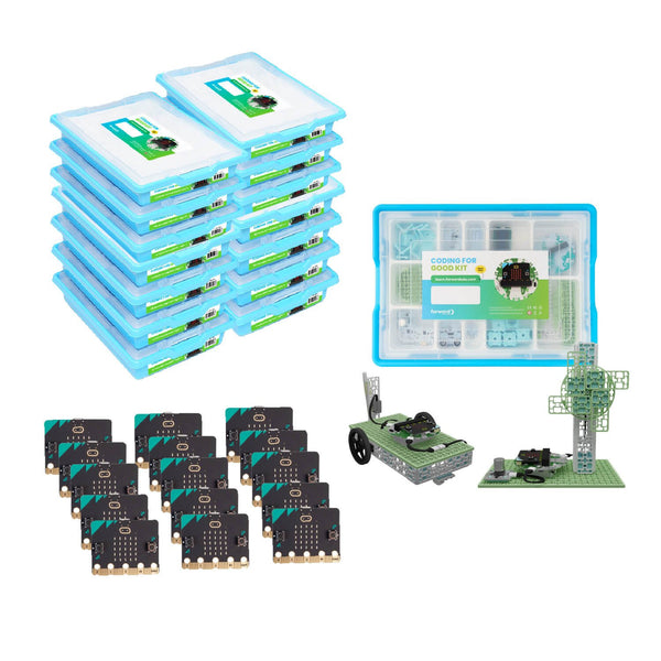 STEM education bundle with stacked storage cases, circuit boards, robotic car kit, and component | Forward Education