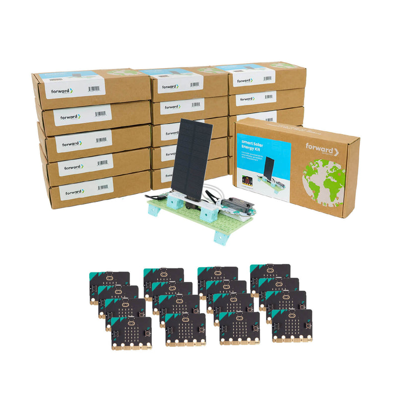 Solar energy kit bundle with microcontroller boards, solar panel, and classroom packaging boxes | Forward Education