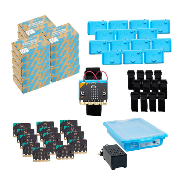 Classroom bundle with microcontroller boards, blue storage cases, charging station, and wrist straps | Forward Education