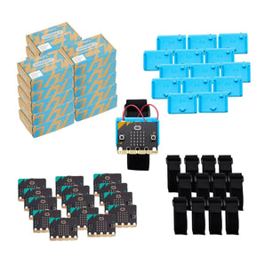 Starter bundle with micro:bit boards, blue battery cases, black wrist straps, and cardboard packaging | Forward Education