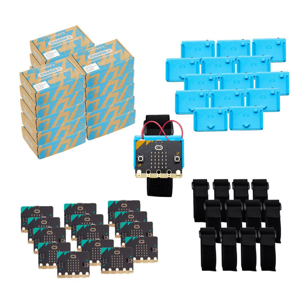 Starter bundle with micro:bit boards, blue battery cases, black wrist straps, and cardboard packaging | Forward Education