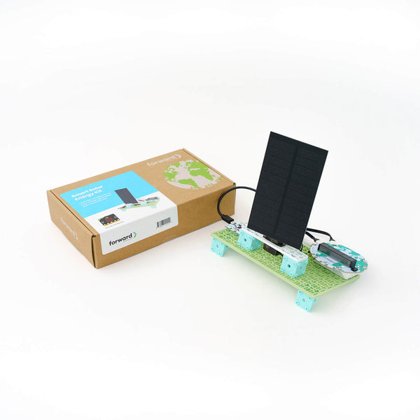 Solar panel energy kit with green circuit board, black photovoltaic panel, and turquoise supports | Forward Education
