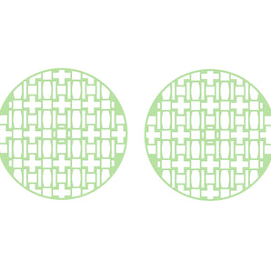 Two green circular lattice panels with geometric cutout pattern design | Forward Education