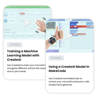 Two tutorial cards showing machine learning and hand gesture recognition projects for micro:bit | Forward Education