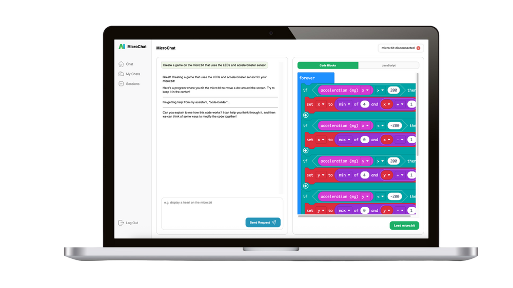 MicroChat interface showing chat panel with code blocks editor for micro:bit programming | Forward Education